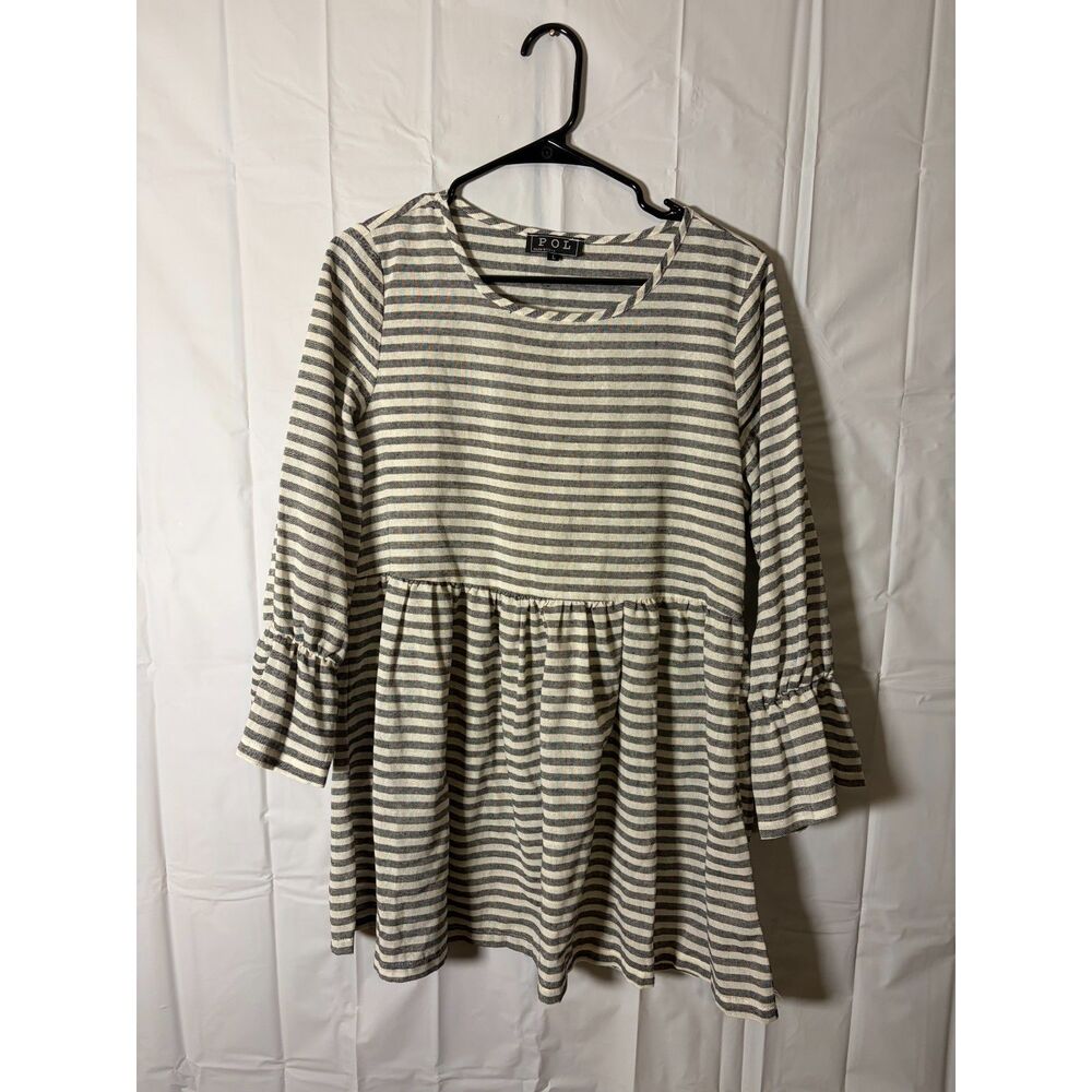 POL Cotton Stripe Peplum Babydoll Tunic Top Preppy Boho Size L Ruffle Sleeve